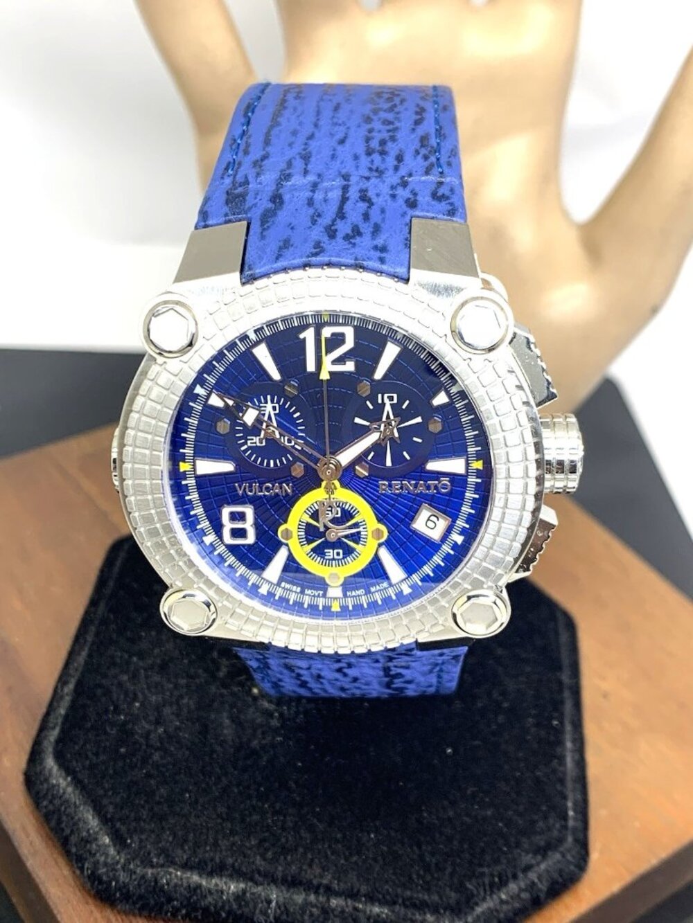 Renato Vulcan Men's Watch Swiss Quartz Chronograph Blue Dial Leather Strap 46mm